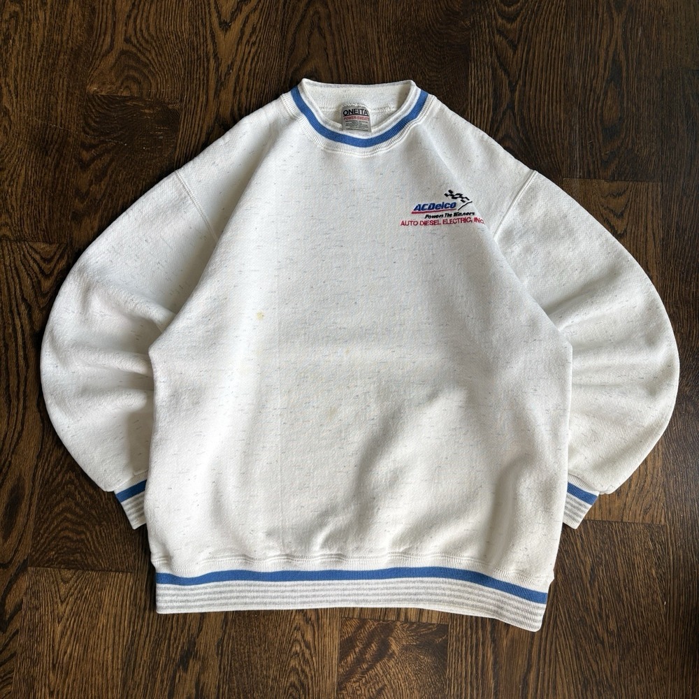 Vtg 90s Oneita Power Sweats ACDelco Racing Crewneck Sweatshirt L Stripe USA Made